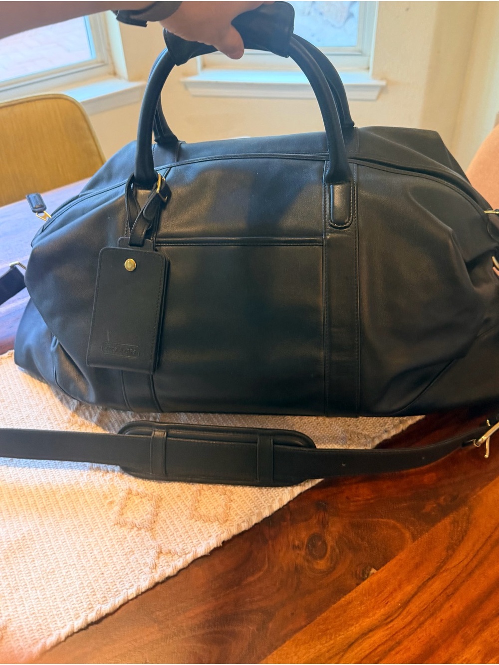 Coach Black Leather Travel Duffel Bag with Shoulder Strap